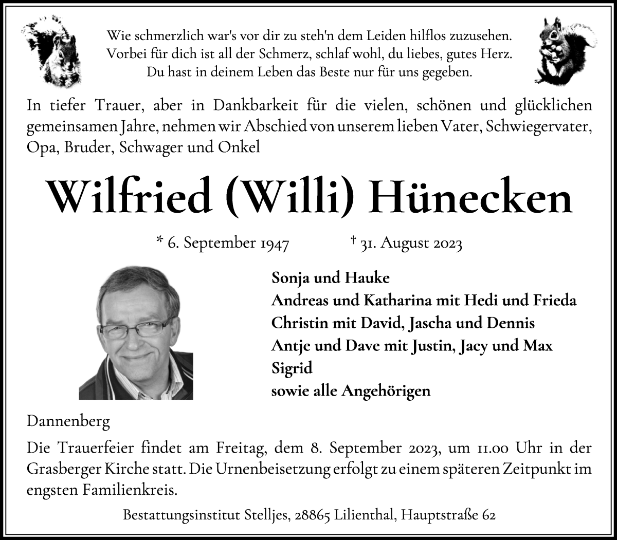Traueranzeige von Wilfried (Willi) Hünecken von Wuemme Zeitung