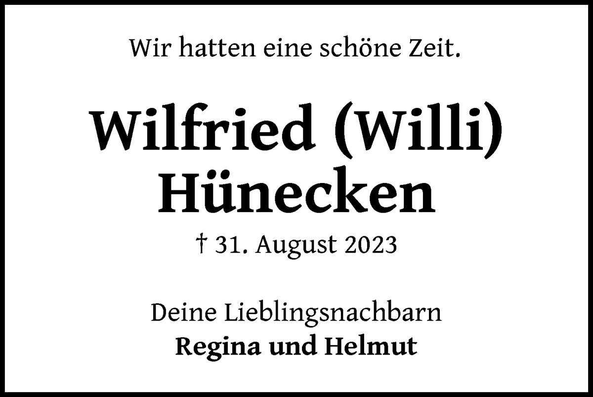 Traueranzeige von Wilfried (Willi) Hünecken von Wuemme Zeitung