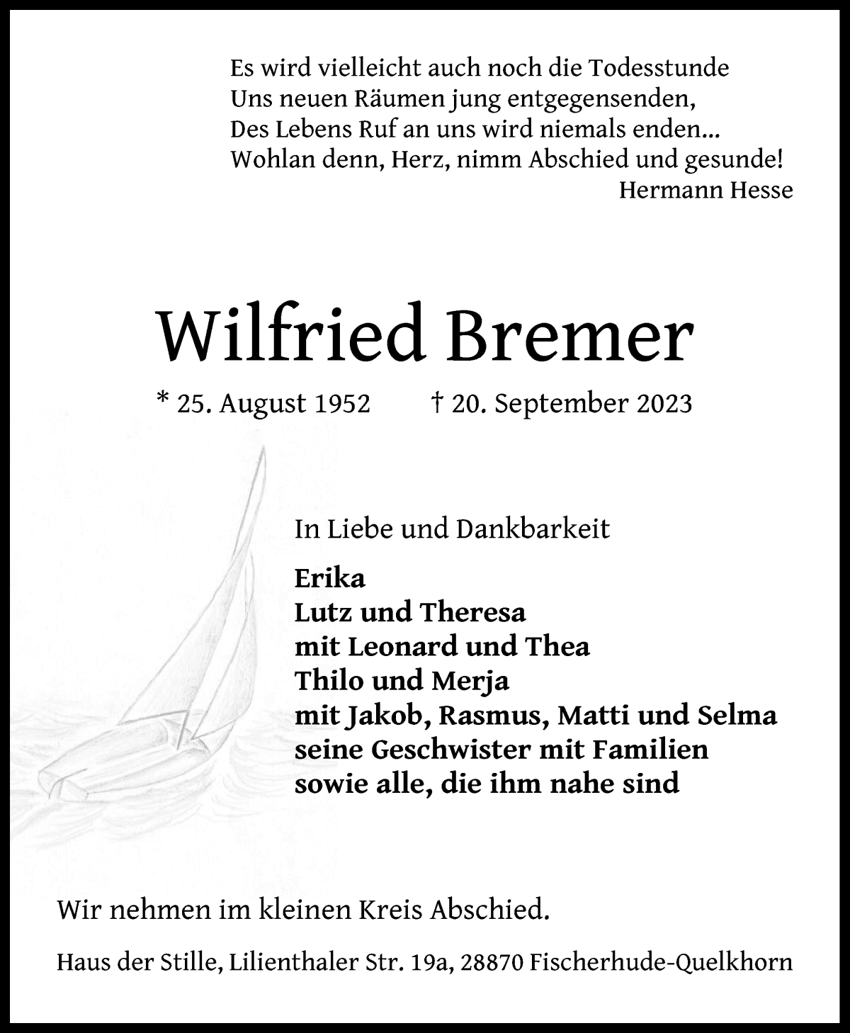 Traueranzeige von Wilfried Bremer von Achimer Kurier/Verdener Nachrichten