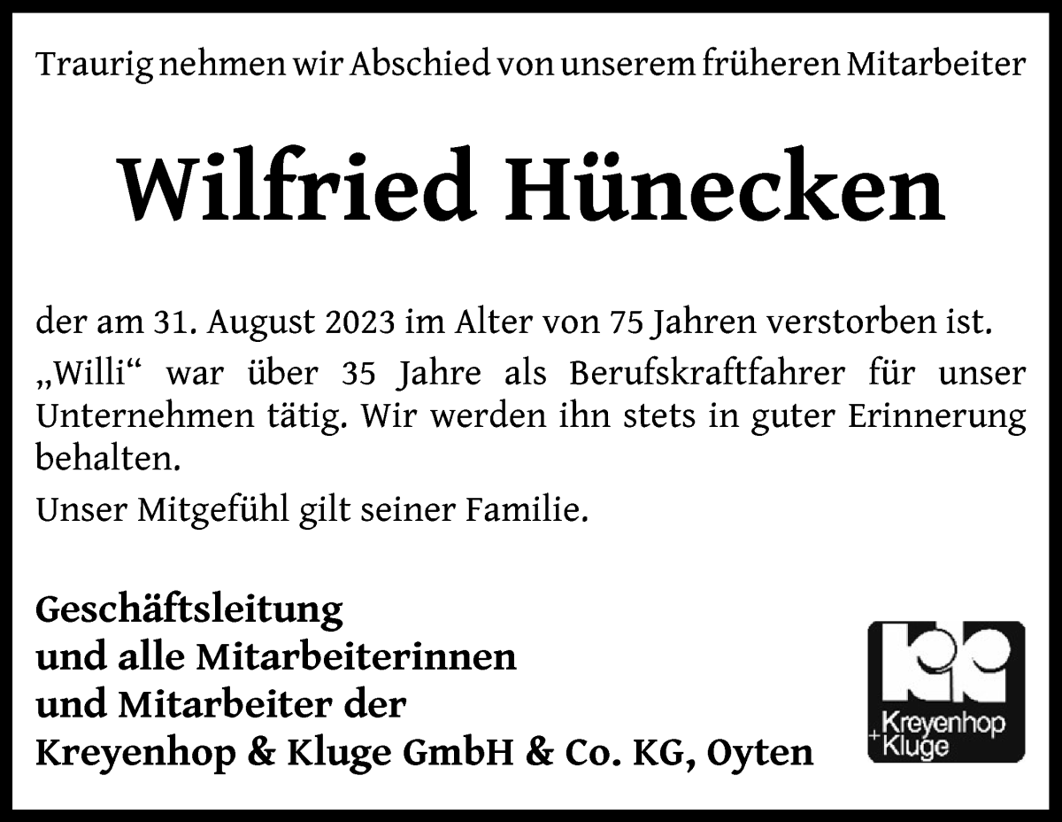 Traueranzeige von Wilfried Hünecken von Wuemme Zeitung