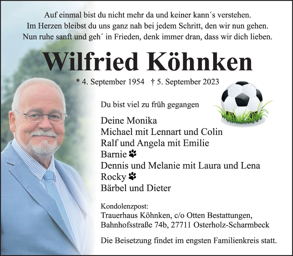 Traueranzeige von Wilfried Köhnken von Osterholzer Kreisblatt