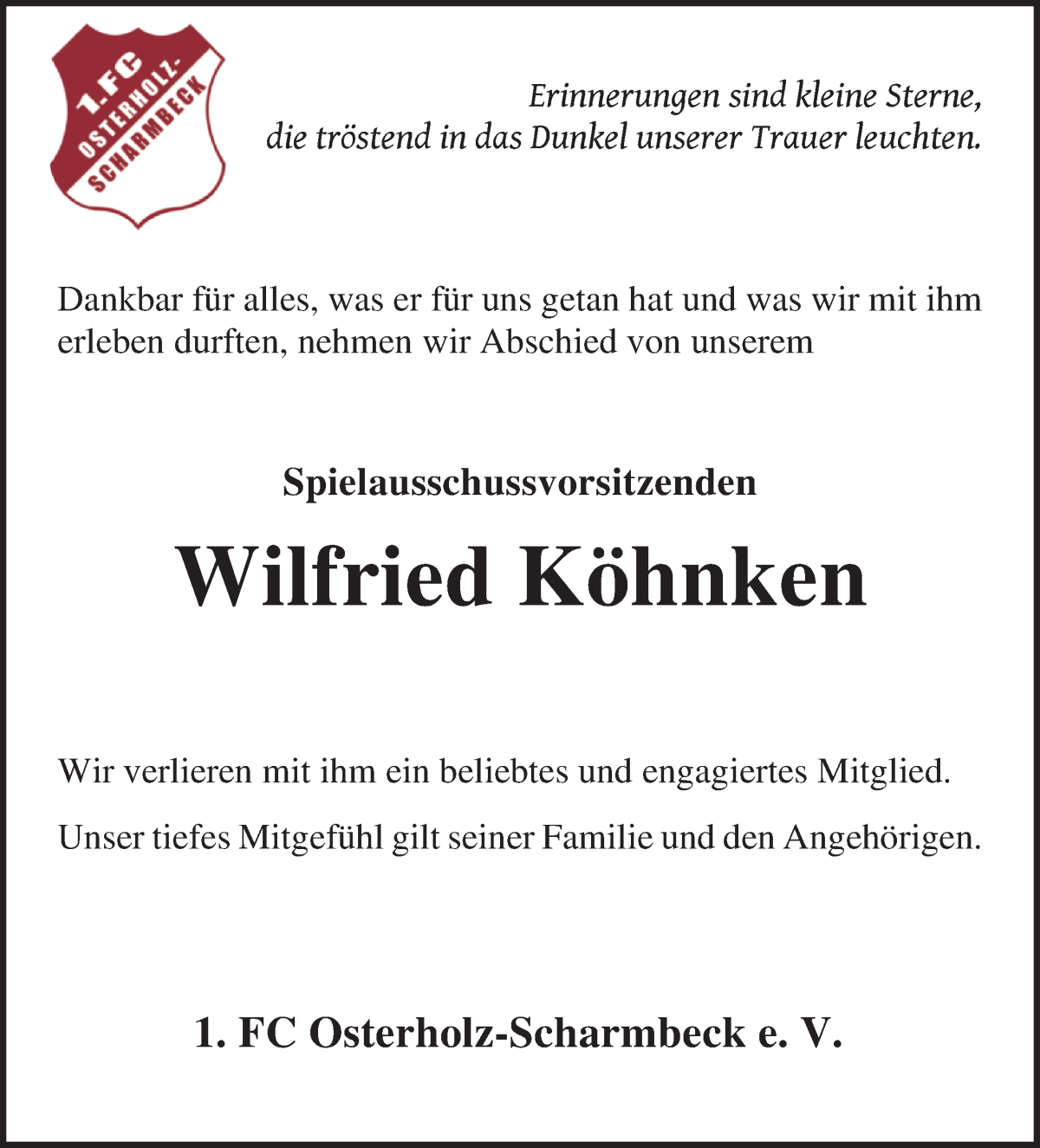 Traueranzeige von Wilfried Köhnken von Osterholzer Kreisblatt