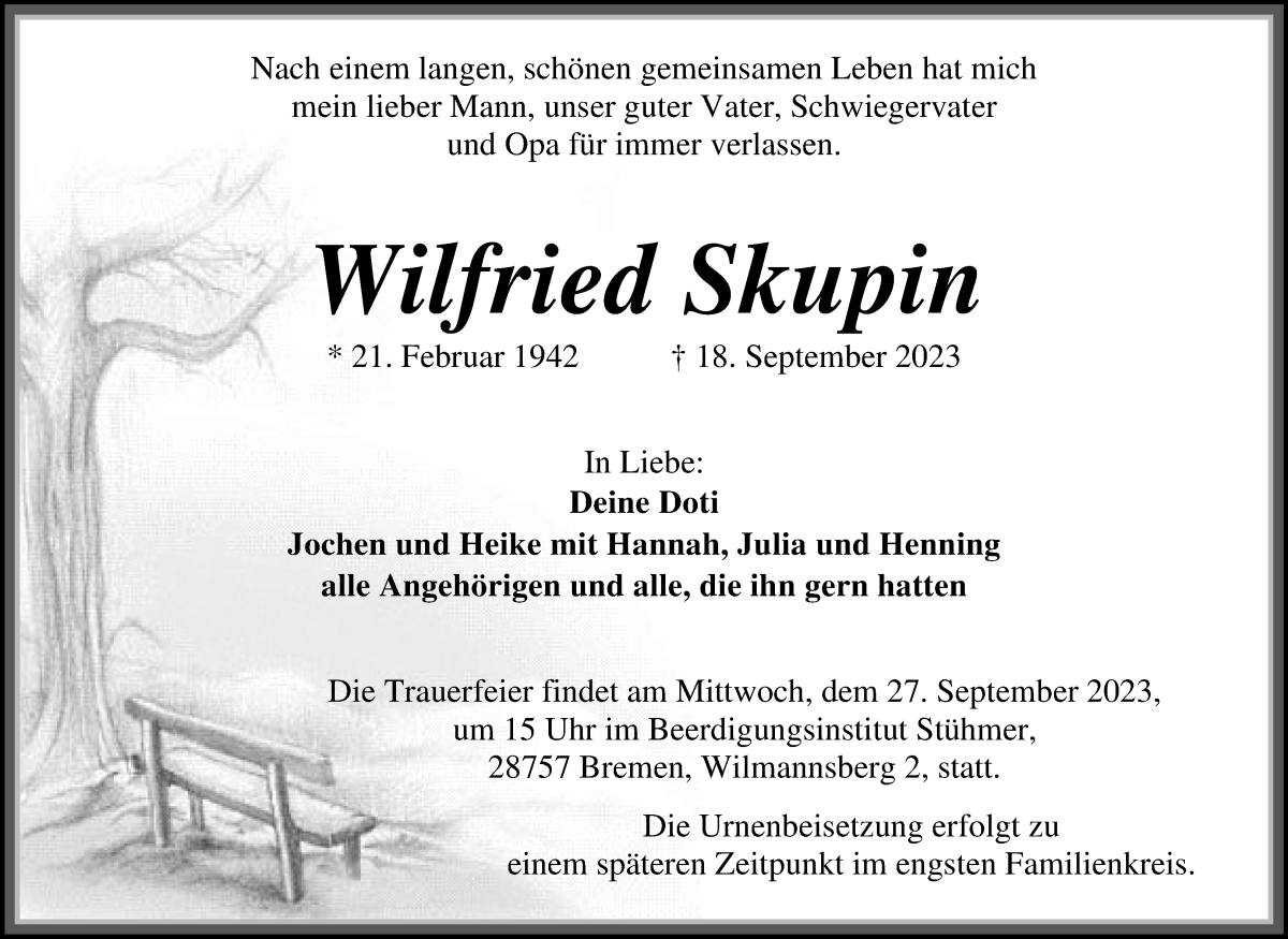 Traueranzeige von Wilfried Skupin von Die Norddeutsche