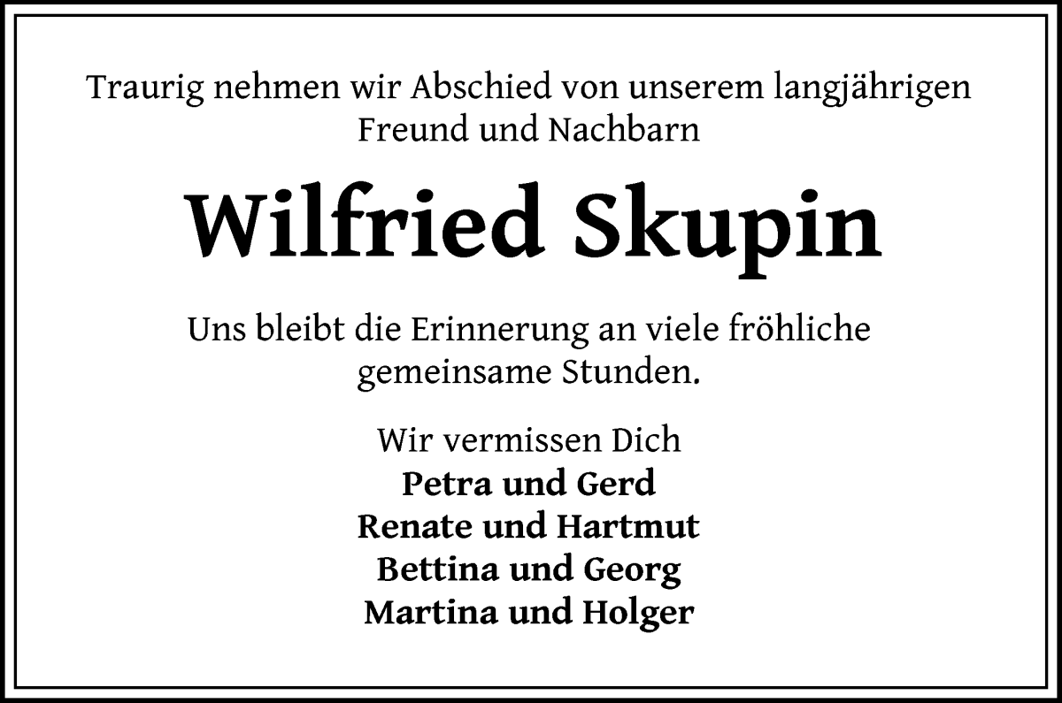 Traueranzeige von Wilfried Skupin von Die Norddeutsche