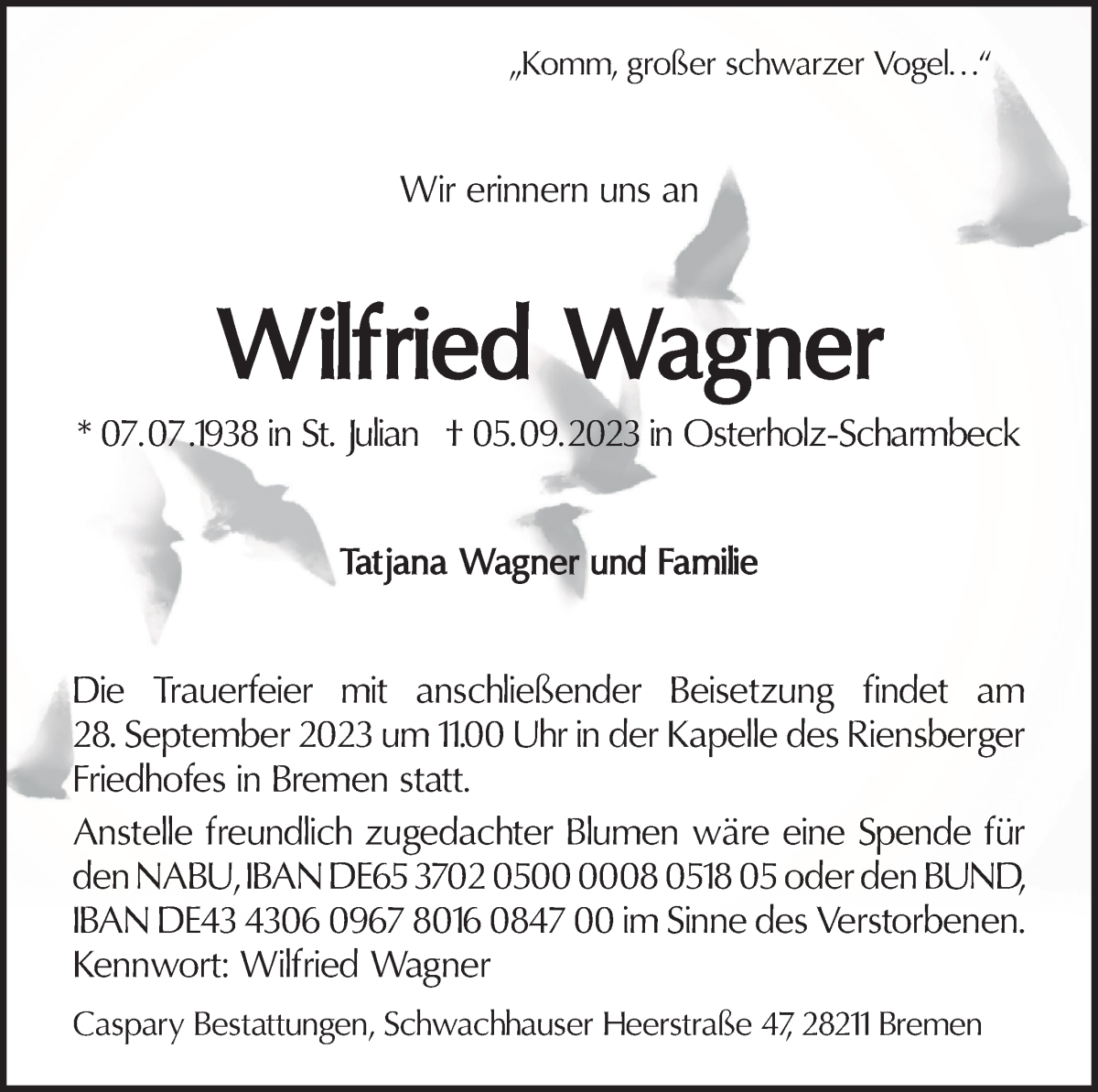 Traueranzeige von Wilfried Wagner von WESER-KURIER