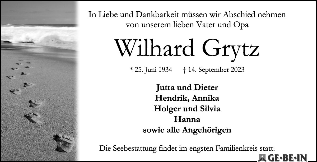 Traueranzeige von Wilhard Grytz von WESER-KURIER