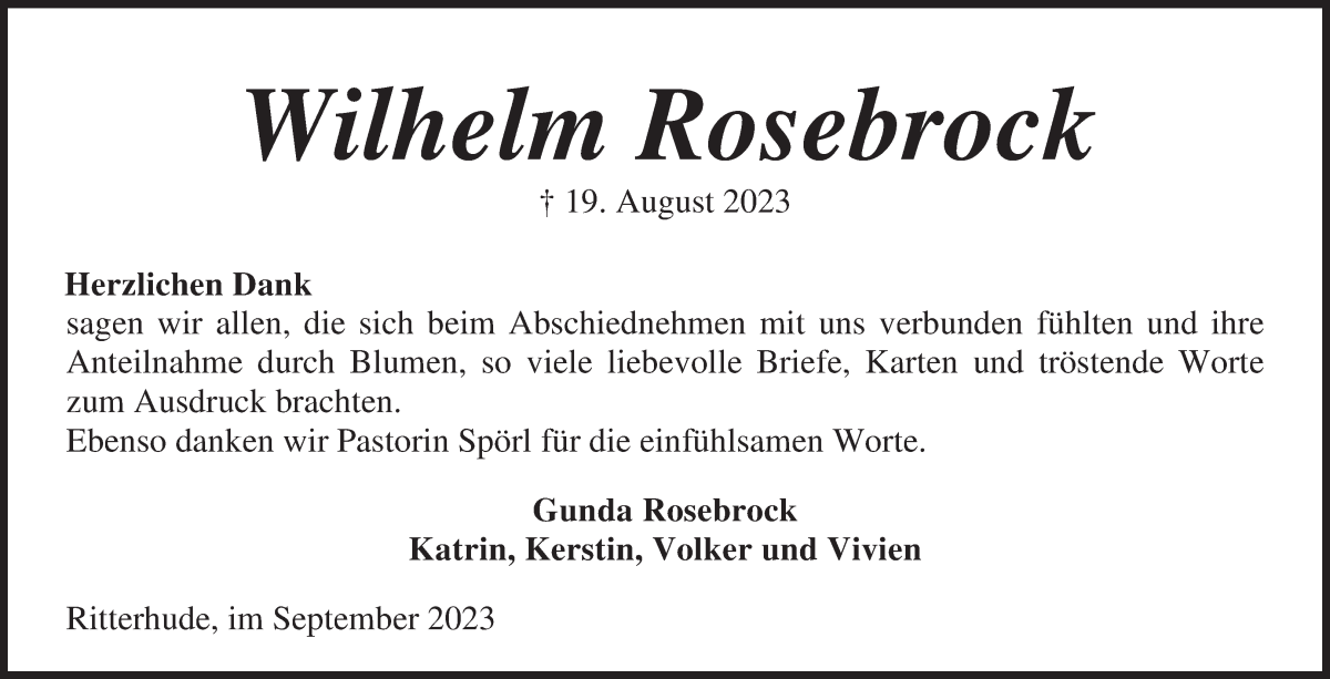 Traueranzeige von Wilhelm Rosebrock von Osterholzer Kreisblatt
