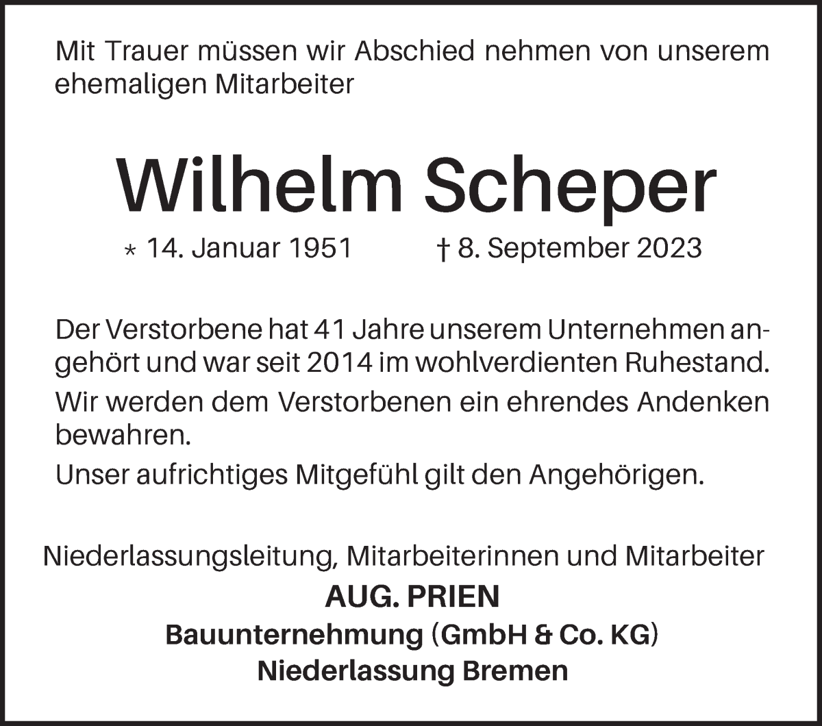 Traueranzeige von Wilhelm Scheper von WESER-KURIER