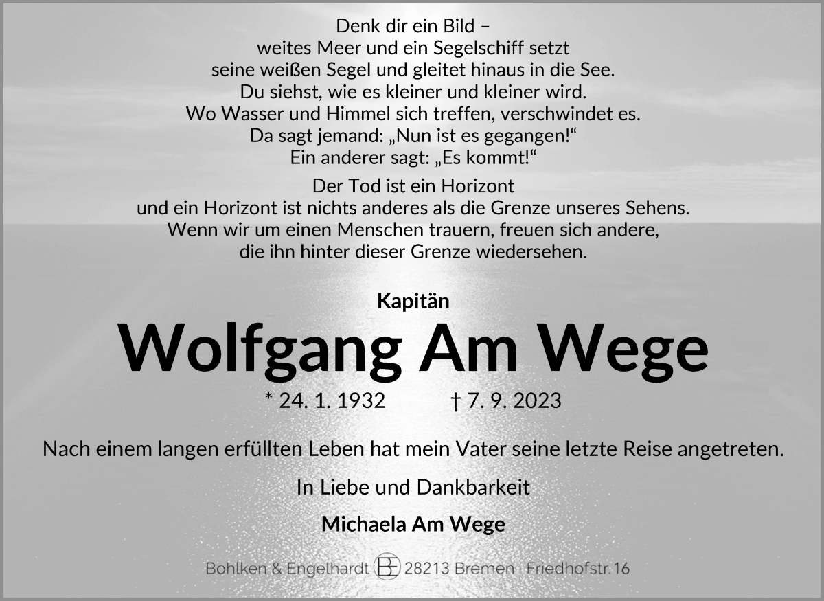 Traueranzeige von Wolfgang Am Wege von WESER-KURIER