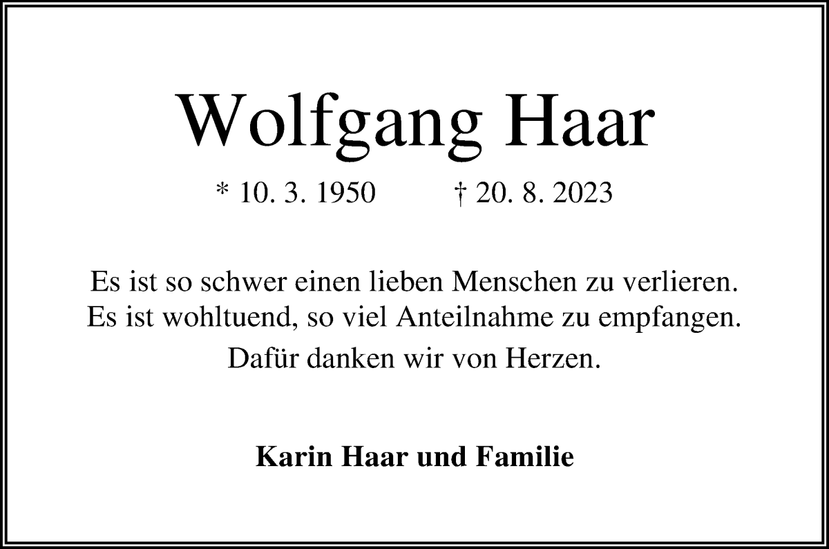 Traueranzeige von Wolfgang Haar von Osterholzer Kreisblatt