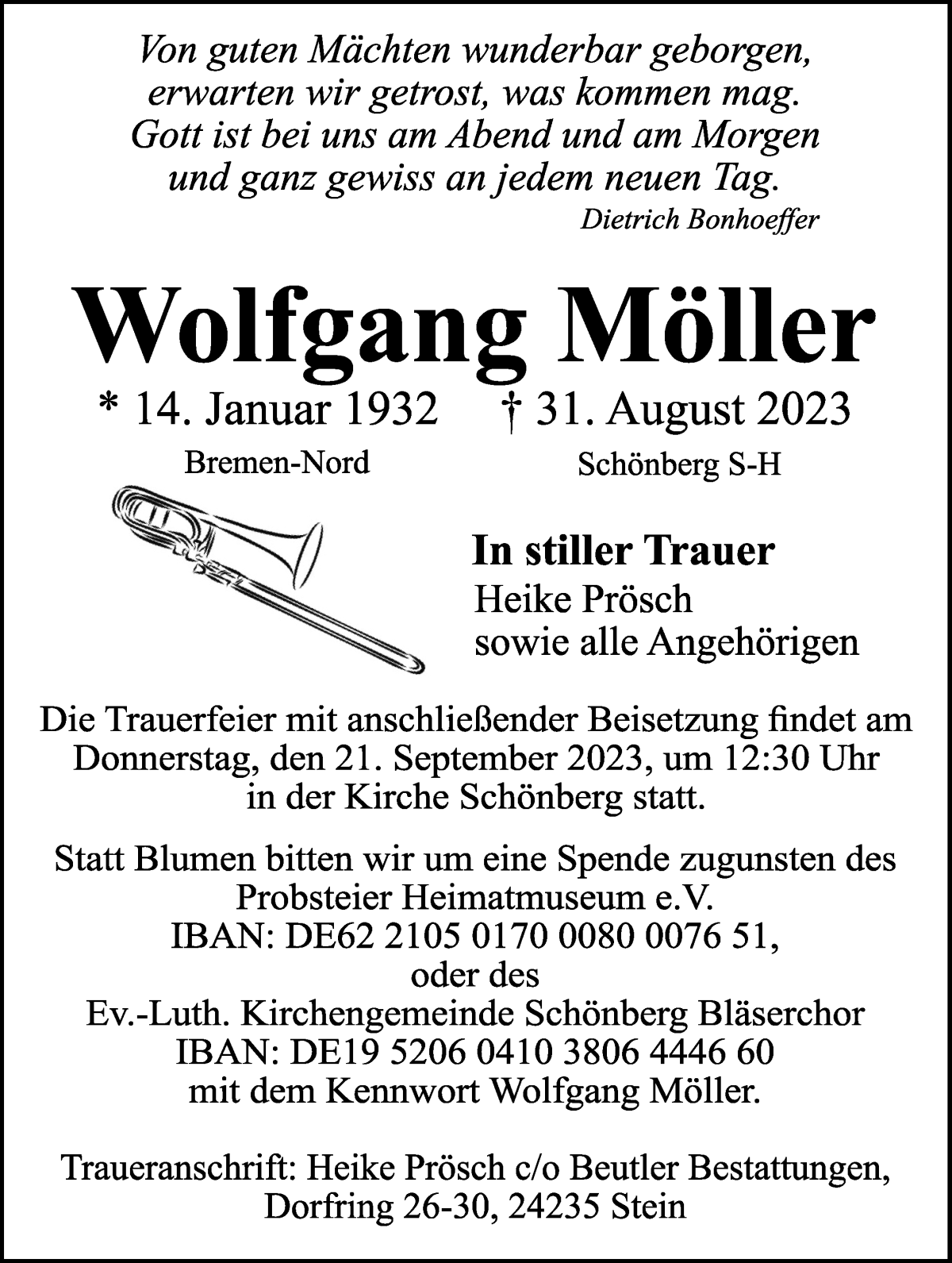 Traueranzeige von Wolfgang Möller von Die Norddeutsche