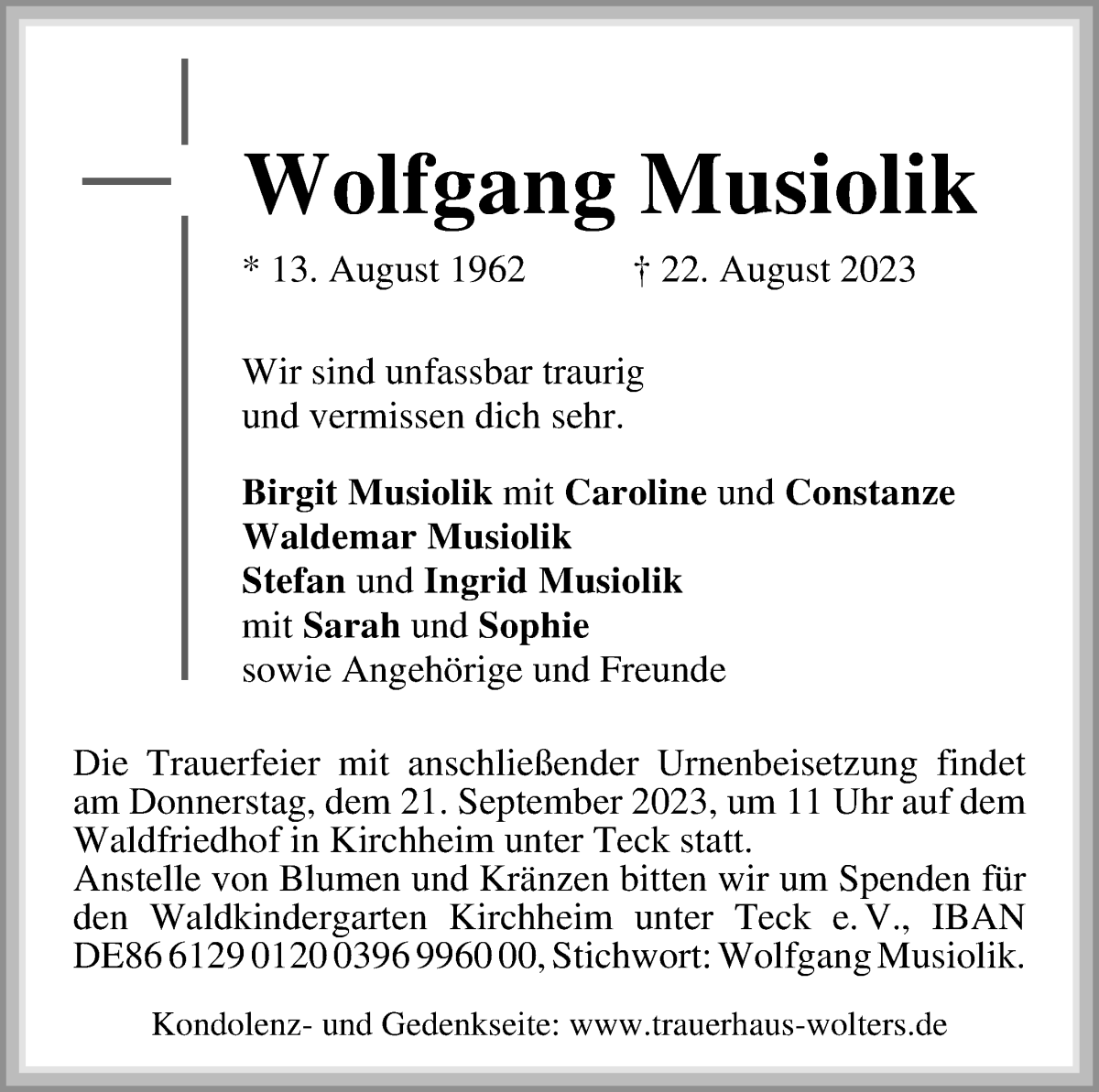 Traueranzeige von Wolfgang Musiolik von WESER-KURIER