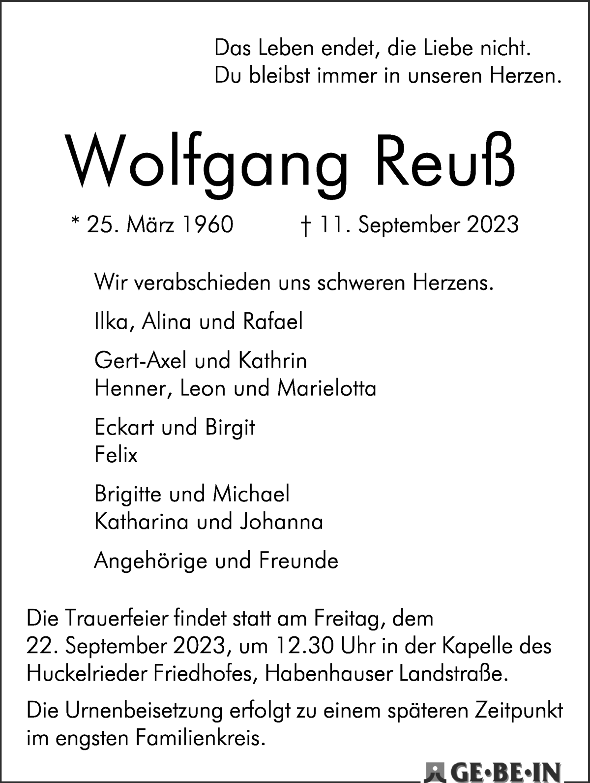 Traueranzeige von Wolfgang Reuß von WESER-KURIER