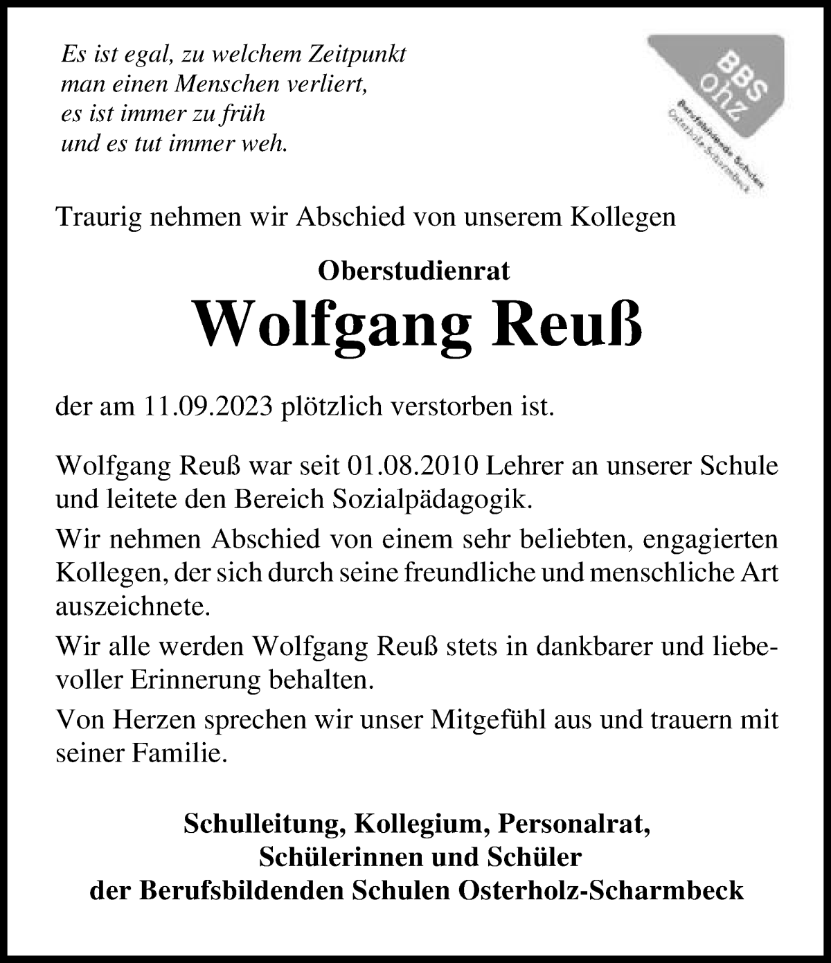 Traueranzeige von Wolfgang Reuß von WESER-KURIER