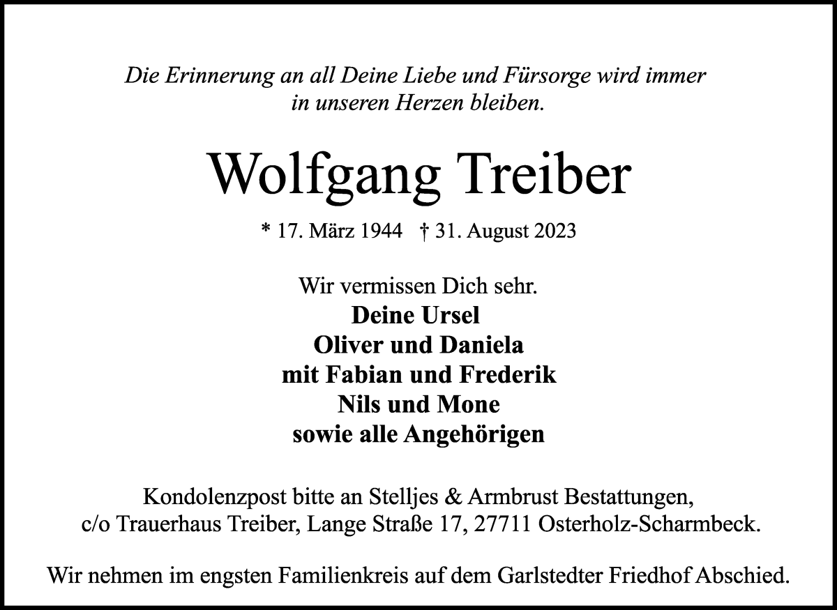 Traueranzeige von Wolfgang Treiber von Osterholzer Kreisblatt