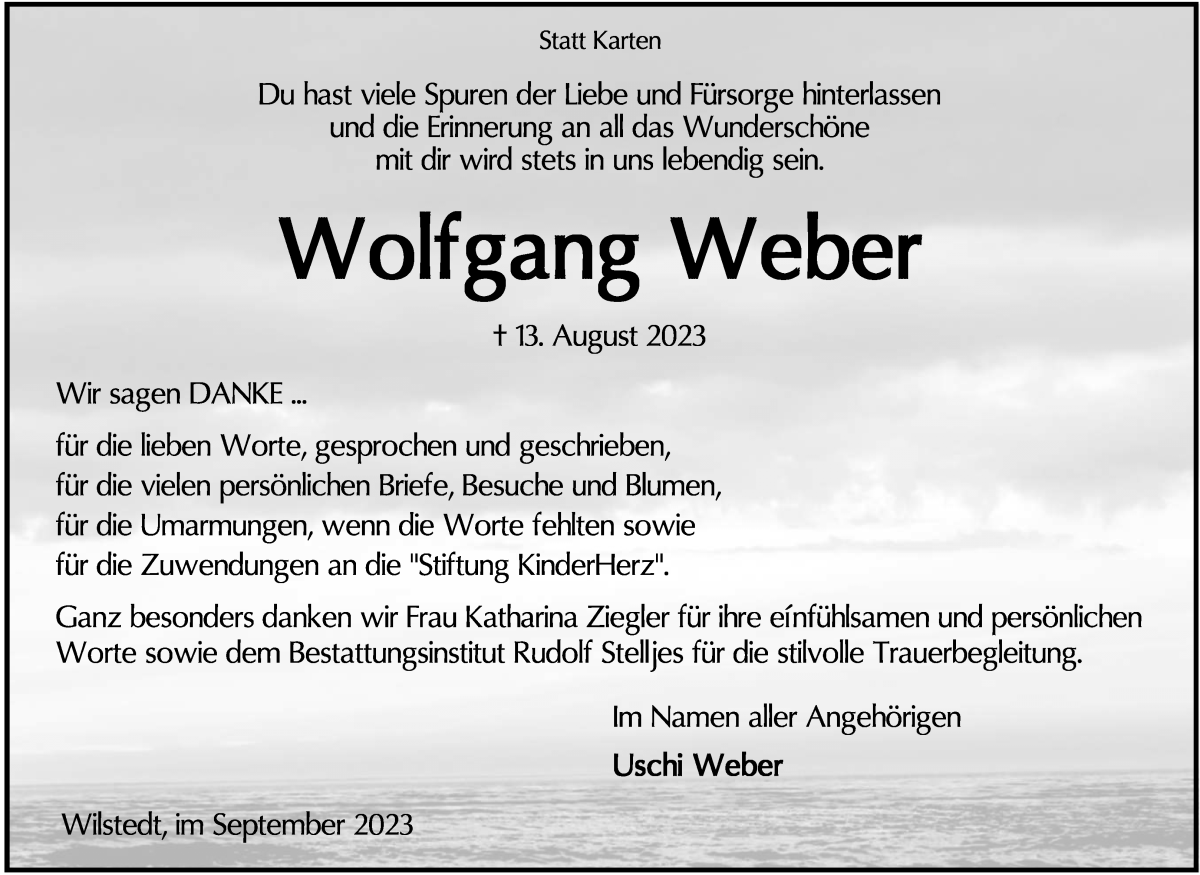 Traueranzeige von Wolfgang Weber von Wuemme Zeitung