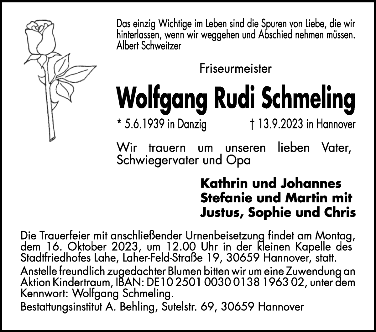 Traueranzeige von Wolfgang Rudi Schmeling von Die Norddeutsche