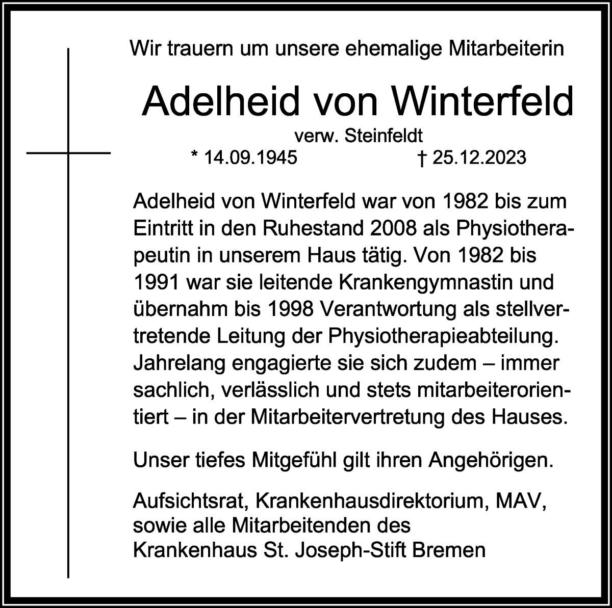 Traueranzeige von Adelheid von Winterfeld von WESER-KURIER