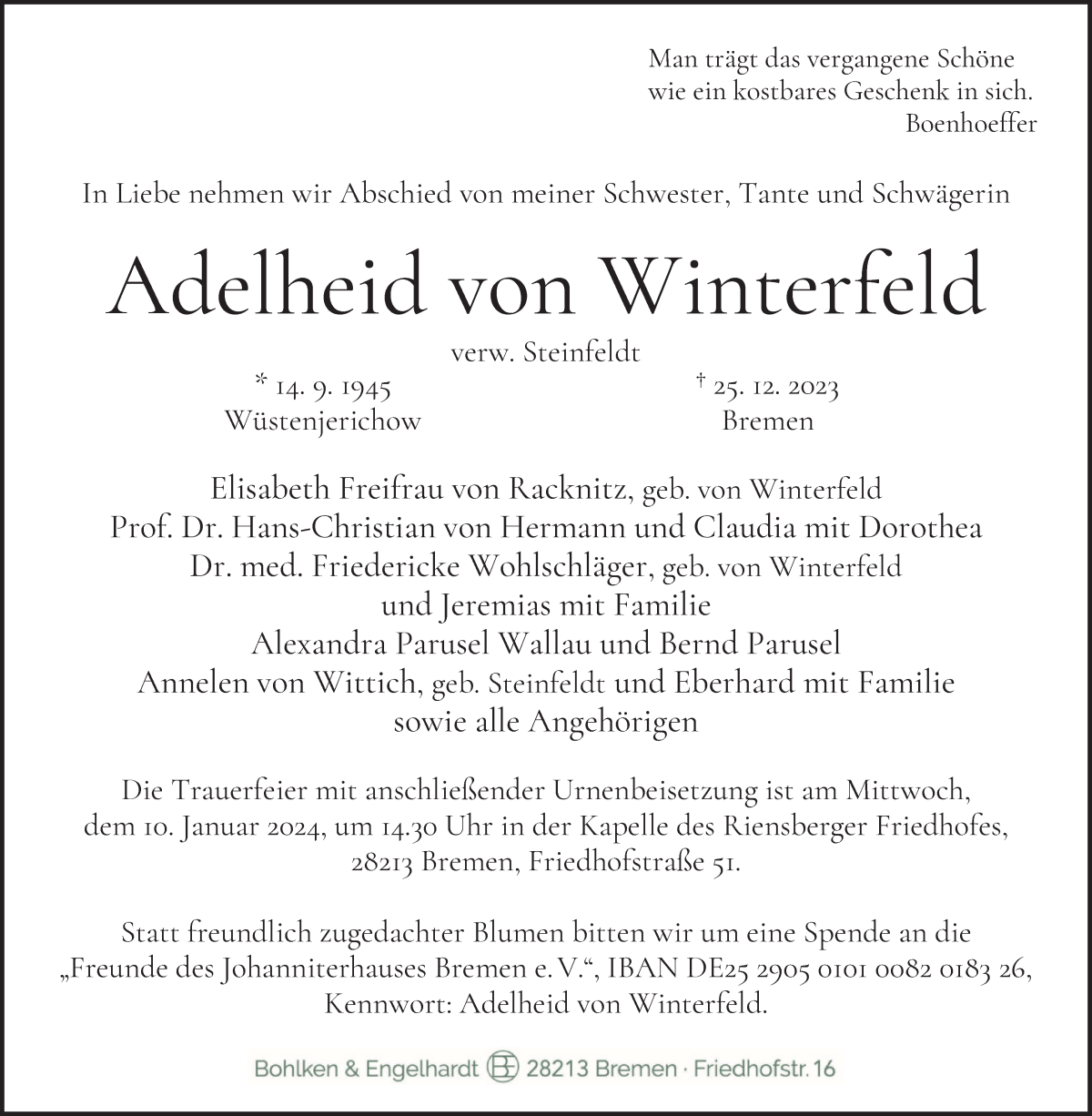Traueranzeige von Adelheid von Winterfeld von WESER-KURIER