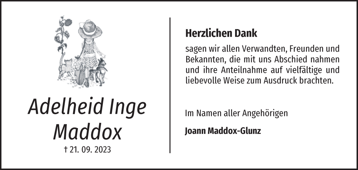 Traueranzeige von Adelheid Inge Maddox von Osterholzer Kreisblatt