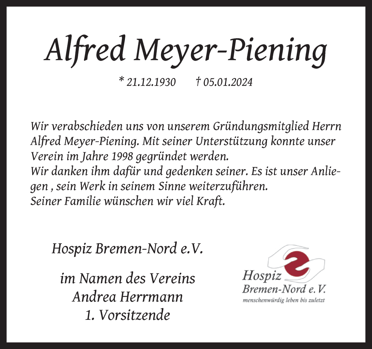 Traueranzeige von Alfred Meyer-Piening von Die Norddeutsche