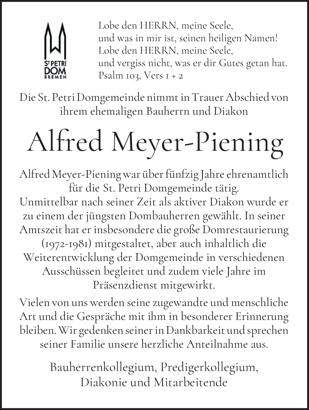 Traueranzeige von Alfred Meyer-Piening von WESER-KURIER