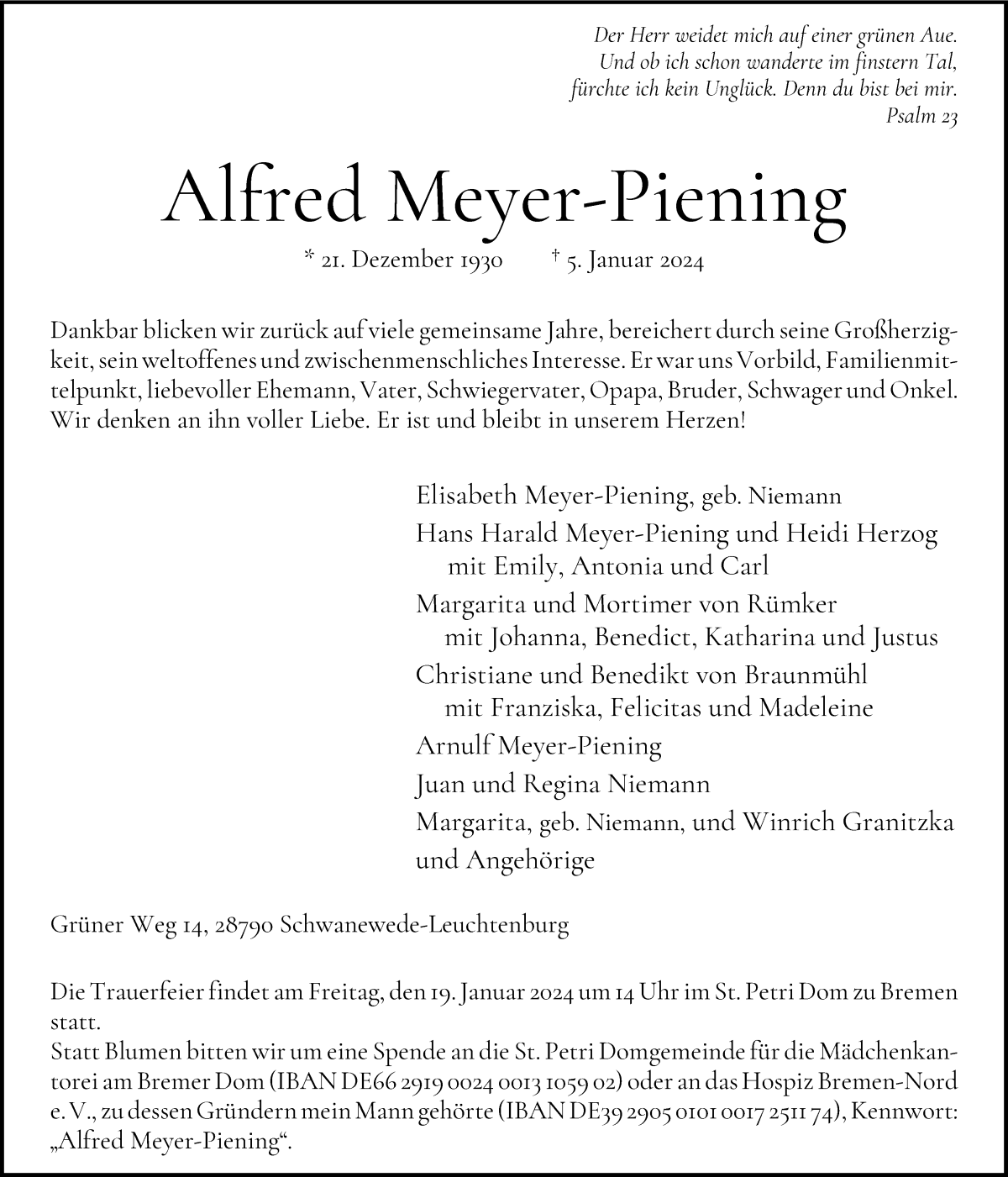 Traueranzeige von Alfred Meyer-Piening von WESER-KURIER