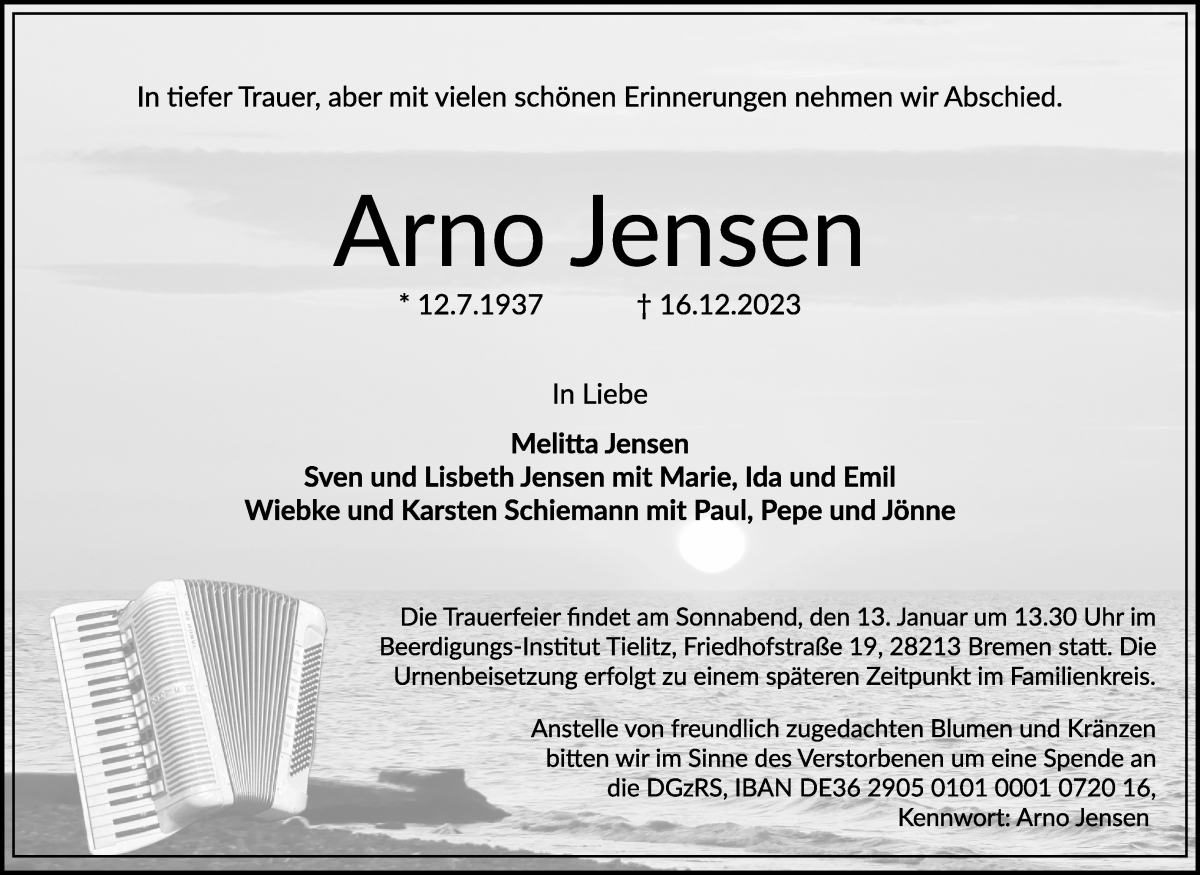 Traueranzeige von Arno Jensen von WESER-KURIER
