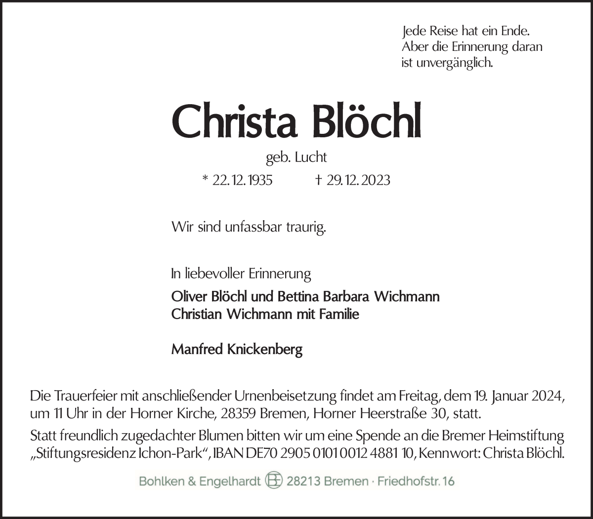 Traueranzeige von Christa Blöchl von WESER-KURIER