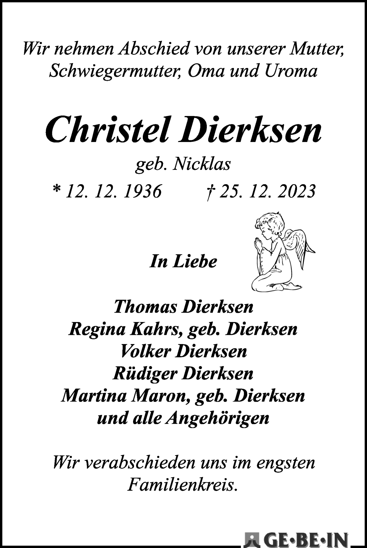 Traueranzeige von Christel Dierksen von WESER-KURIER