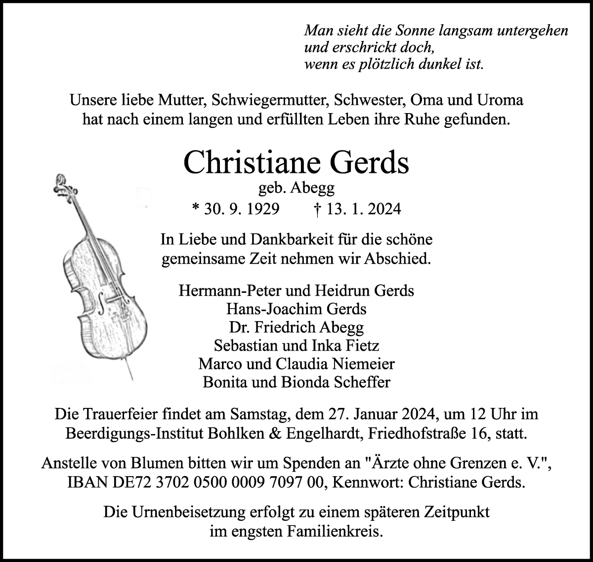 Traueranzeige von Christiane Gerds von WESER-KURIER