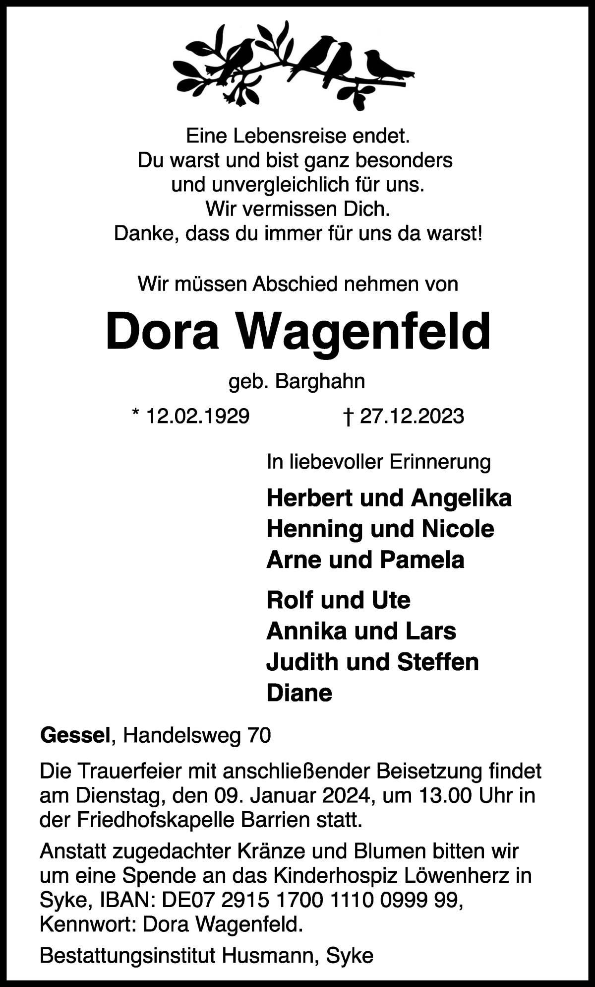 Traueranzeige von Dora Wagenfeld von Regionale Rundschau/Syker Kurier