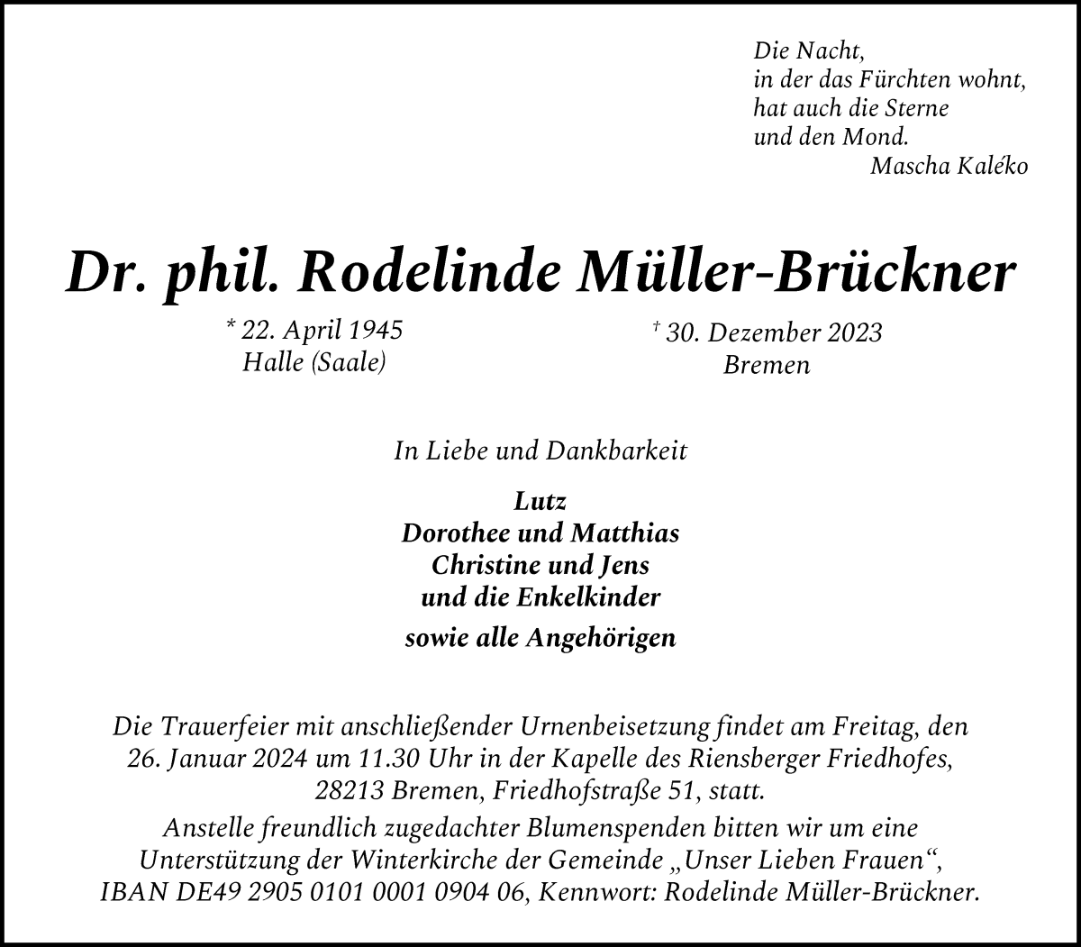 Traueranzeige von Dr. phil. Rodelinde Müller-Brückner von WESER-KURIER