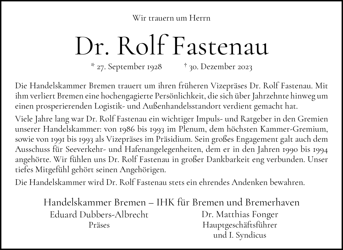 Traueranzeige von Dr. Rolf Fastenau von WESER-KURIER