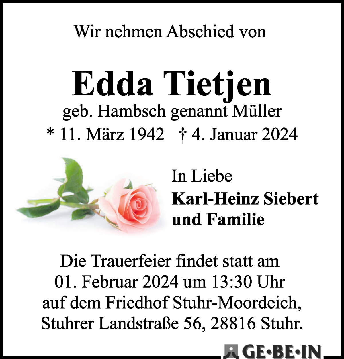 Traueranzeige von Edda Tietjen von WESER-KURIER