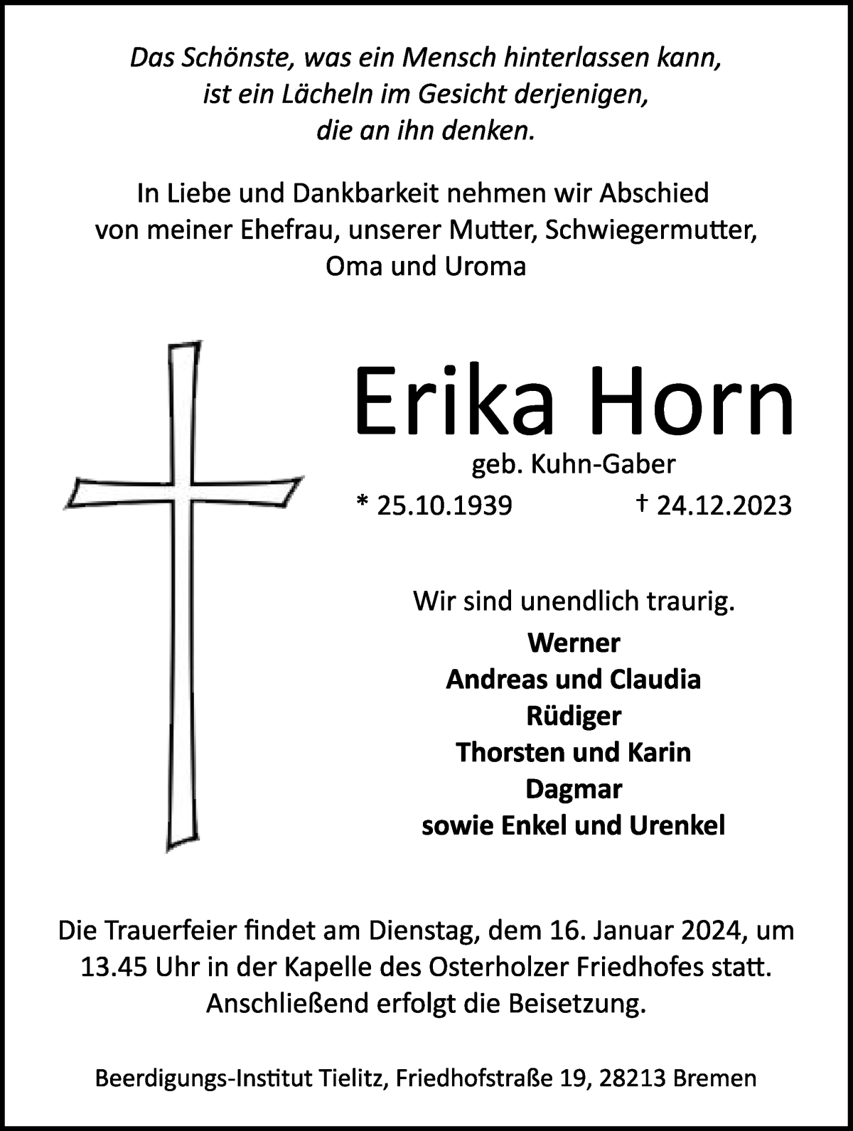 Traueranzeige von Erika Horn von WESER-KURIER