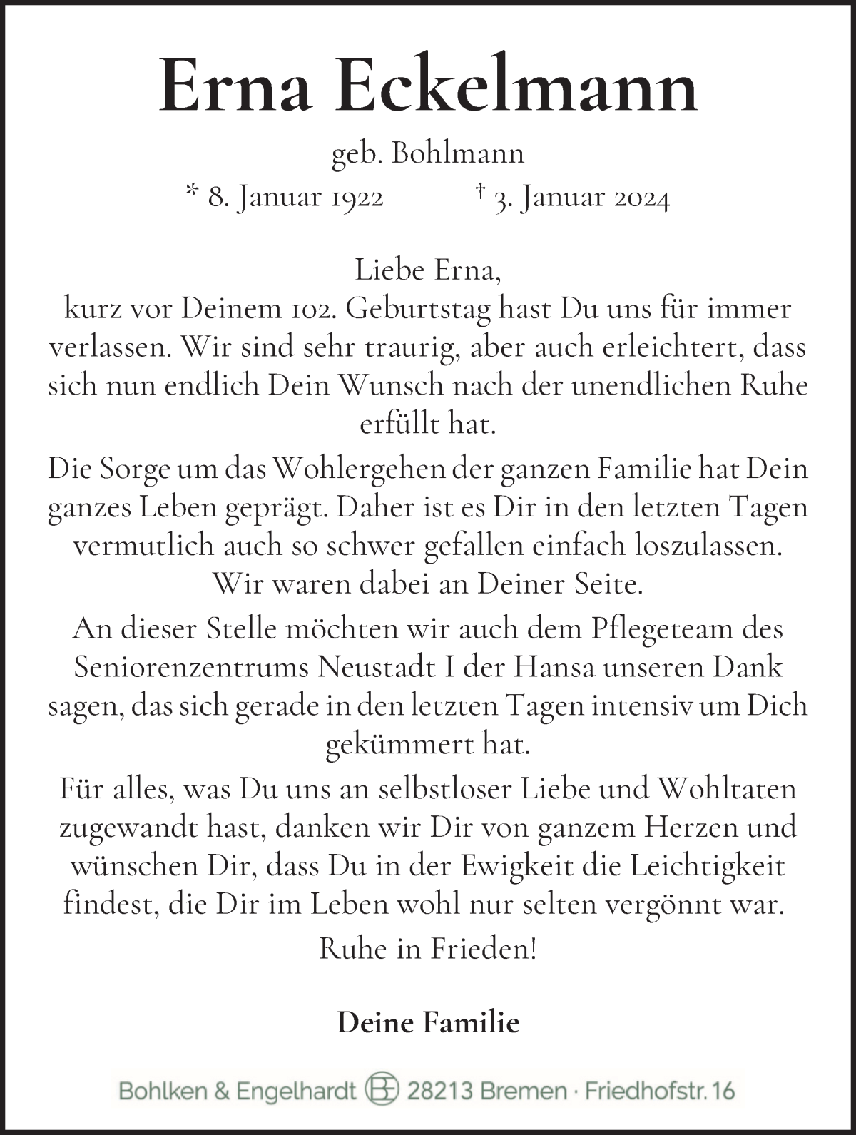 Traueranzeige von Erna Eckelmann von WESER-KURIER