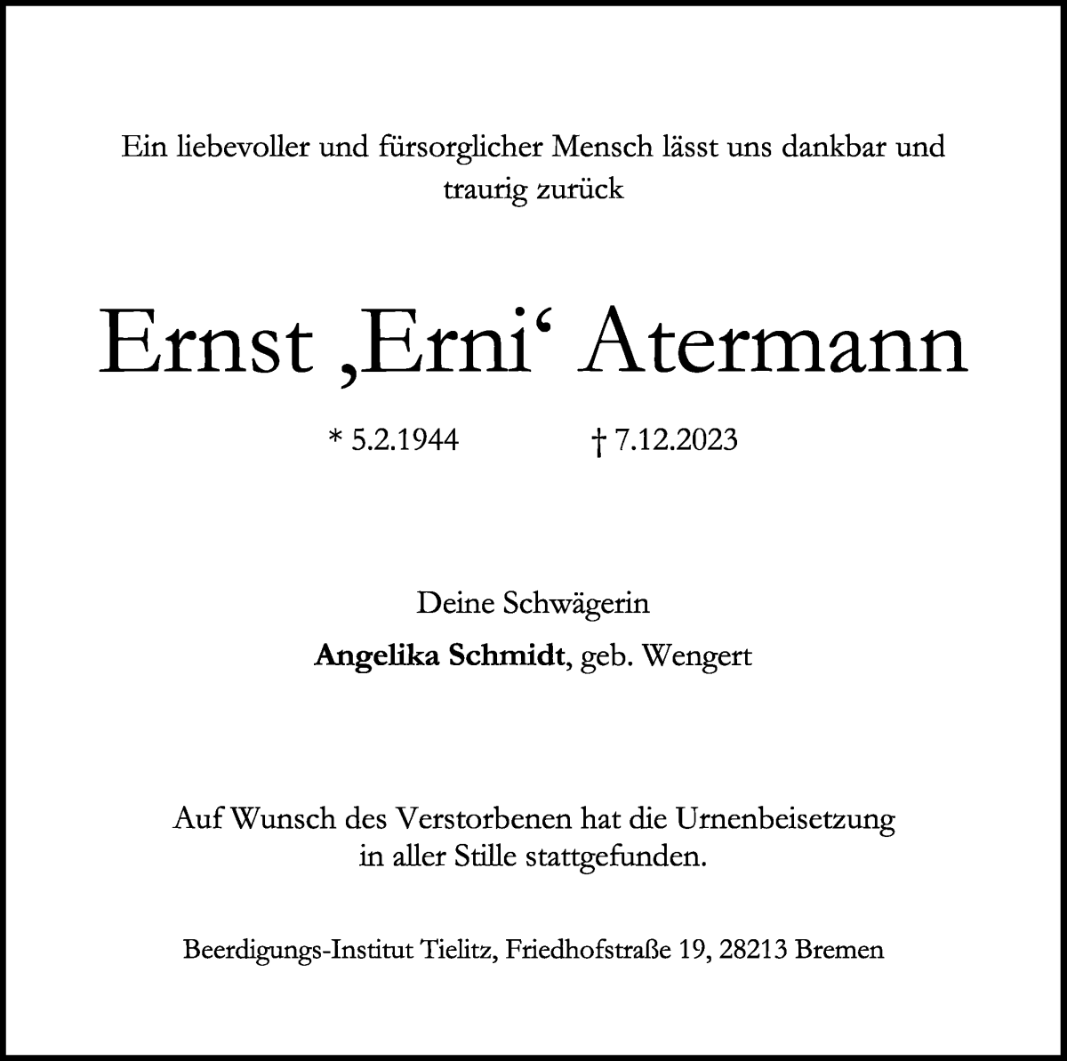 Traueranzeige von Ernst Erni Atermann von WESER-KURIER