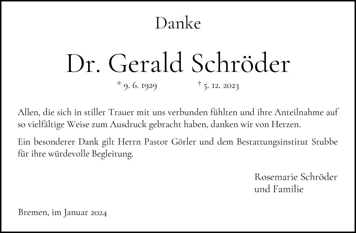 Traueranzeige von Gerald Schröder von WESER-KURIER