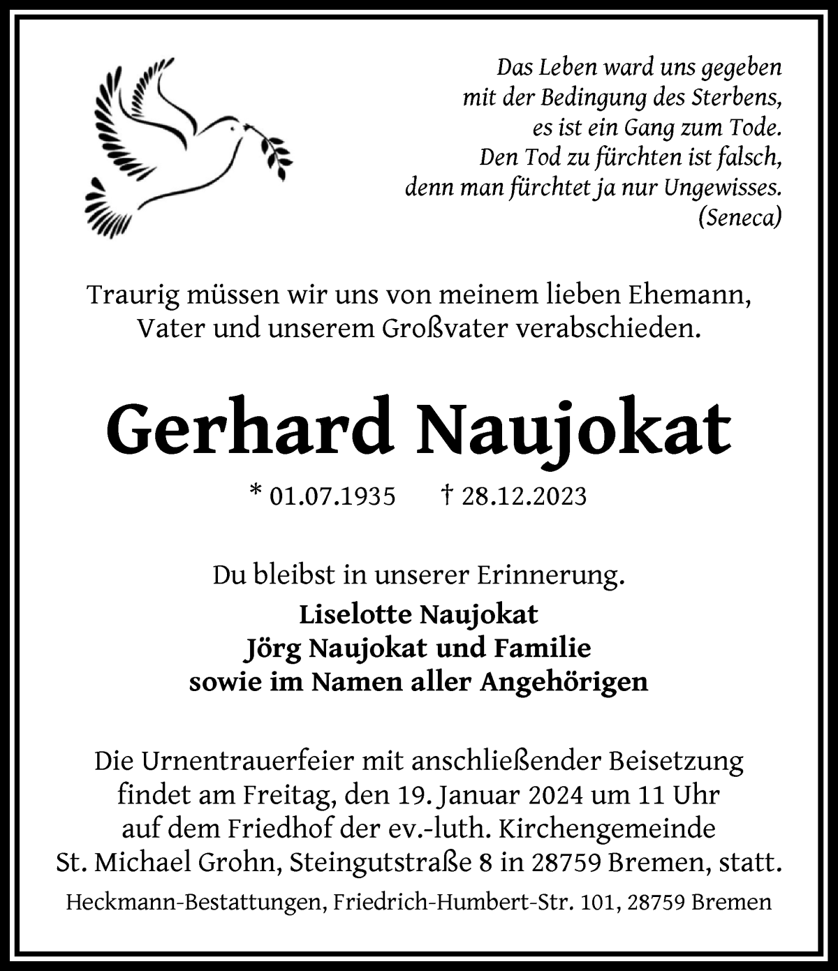 Traueranzeige von Gerhard Naujokat von Die Norddeutsche