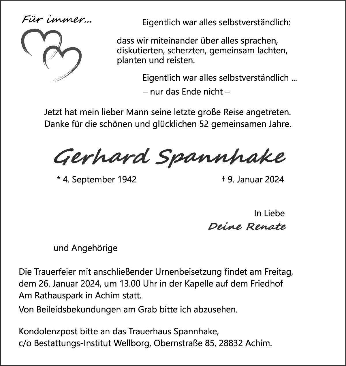 Traueranzeige von Gerhard Spannhake von WESER-KURIER