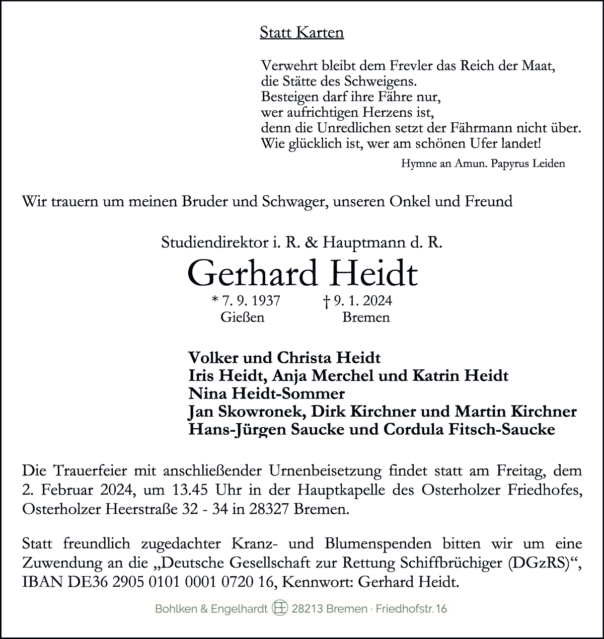Traueranzeige von Gerhardt Heidt von WESER-KURIER