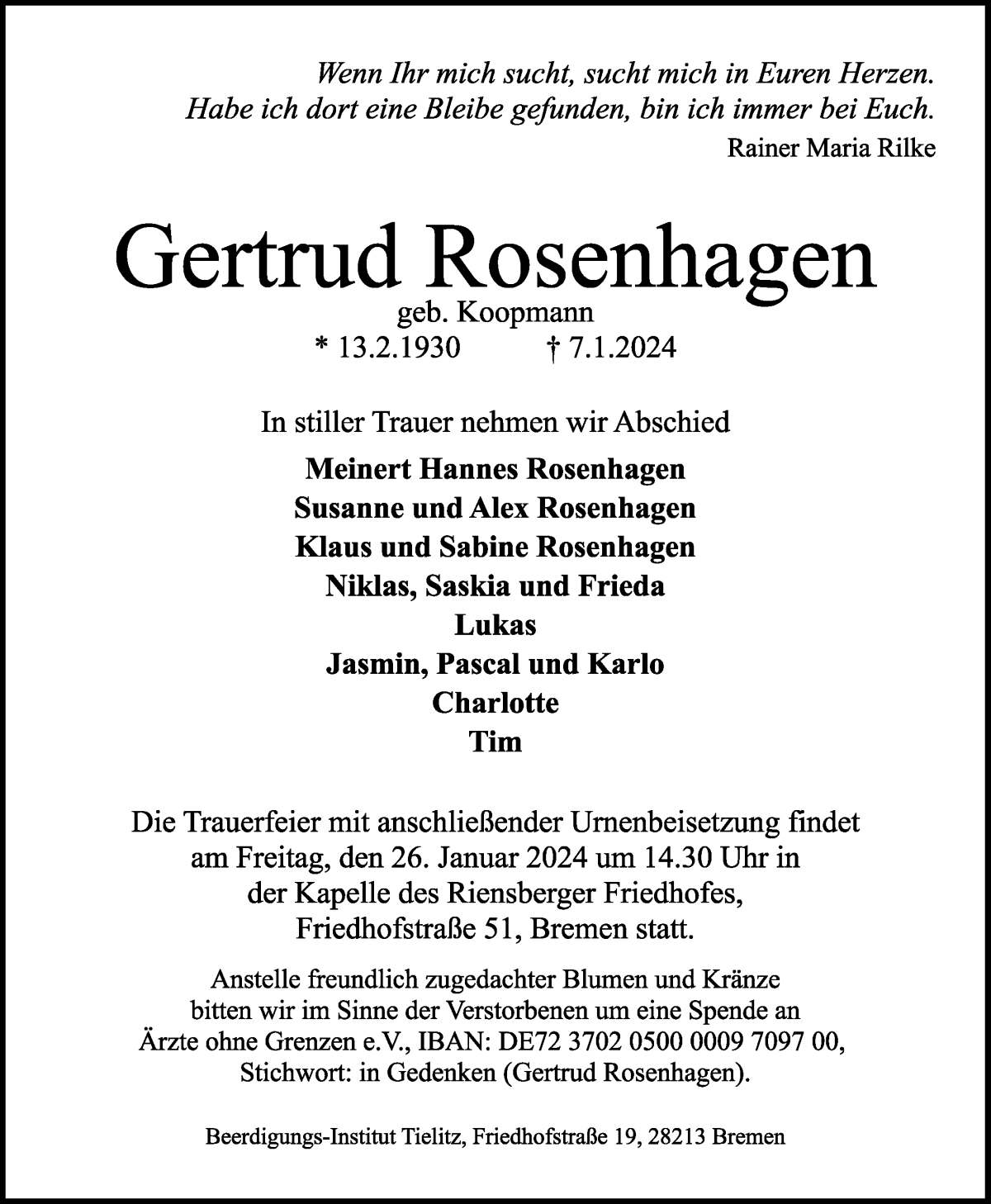 Traueranzeige von Gertrud Rosenhagen von WESER-KURIER