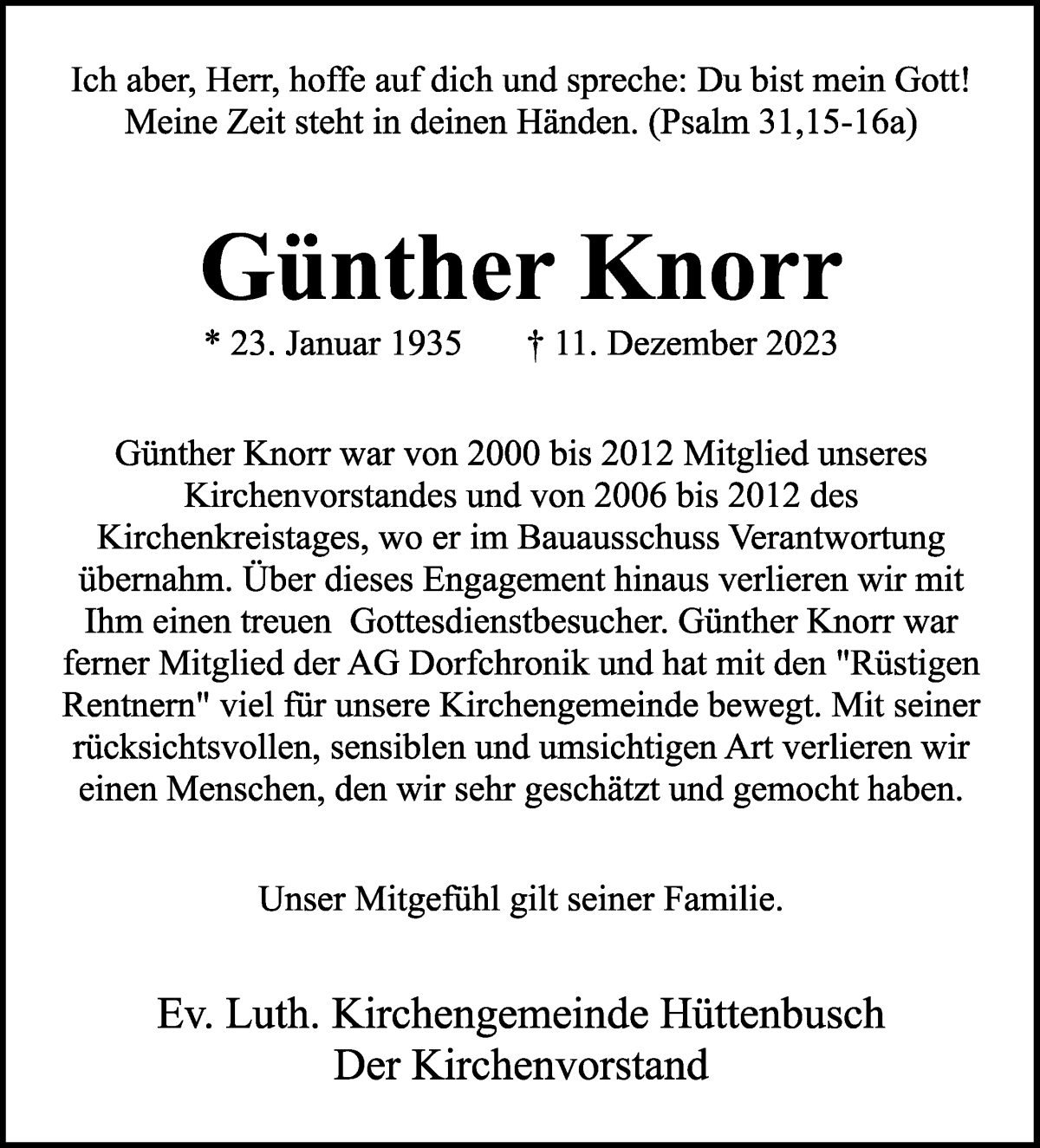 Traueranzeige von Günther Knorr von Wuemme Zeitung