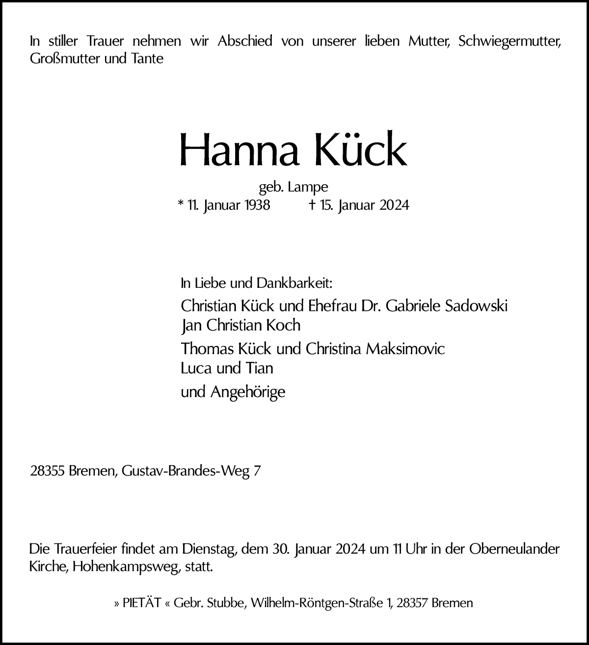 Traueranzeige von Hanna Kück von WESER-KURIER