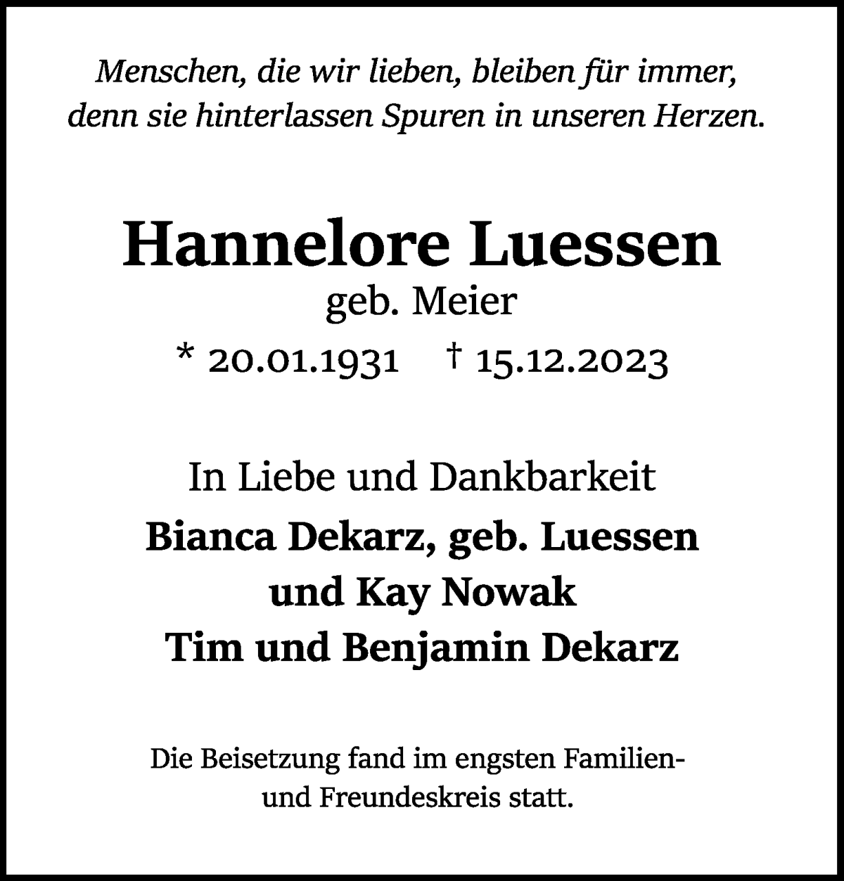 Traueranzeige von Hannelore Luessen von WESER-KURIER