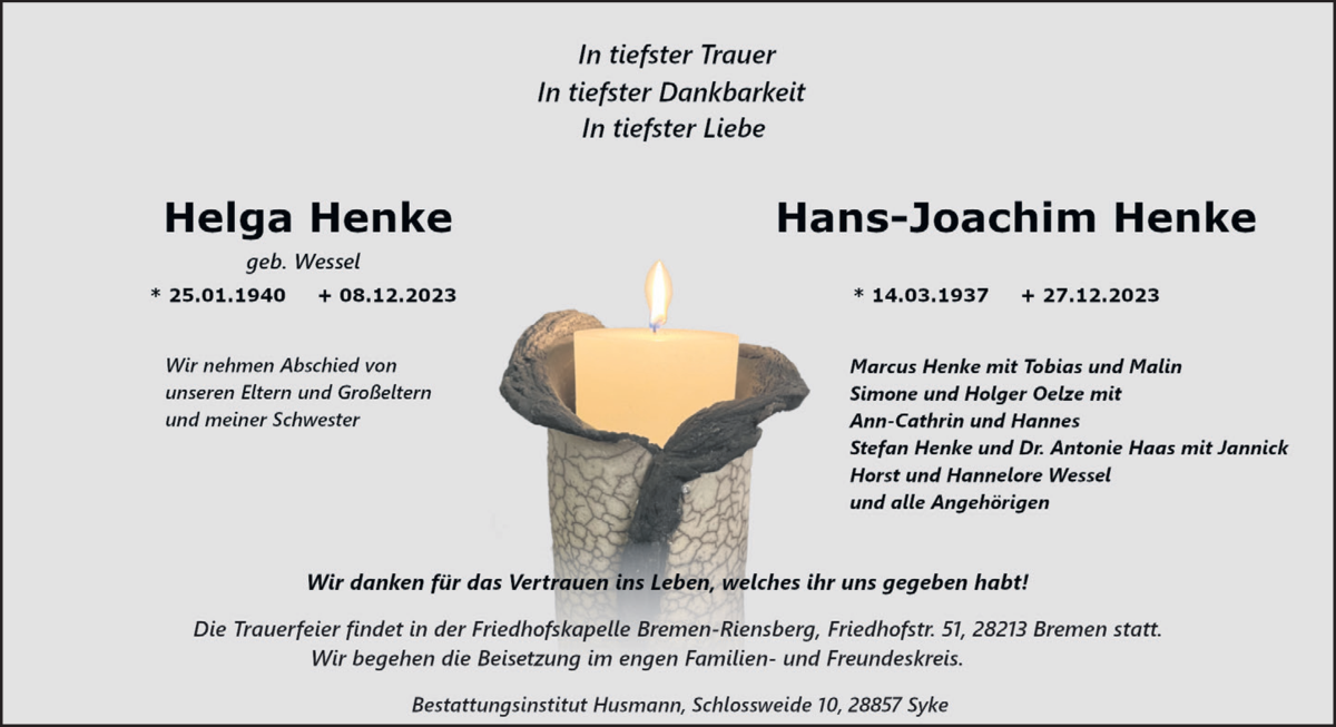 Traueranzeige von Hans-Joachim und Helga Hemke von WESER-KURIER