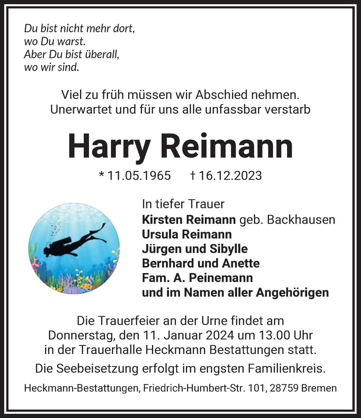 Traueranzeige von Harry Reimann von WESER-KURIER