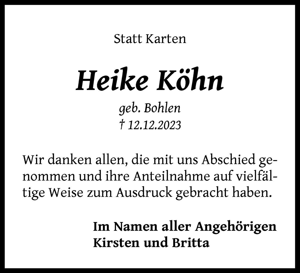 Traueranzeige von Heike Köhn von WESER-KURIER