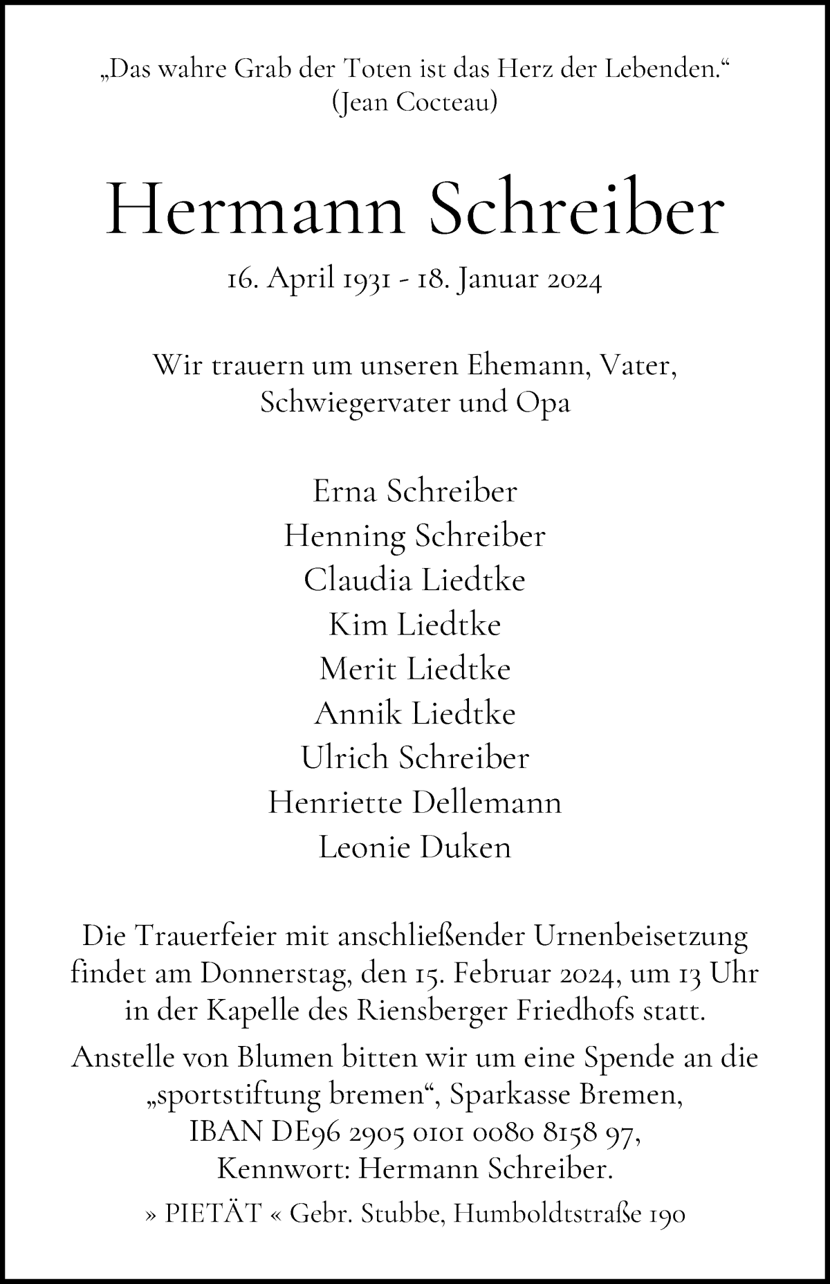 Traueranzeige von Hermann Schreiber von WESER-KURIER